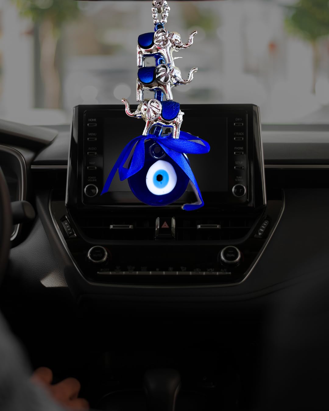 Evil Eye Elephant Wall Hanging, Blue Glass Bead with Silver Elephants, Traditional Good Luck Charm