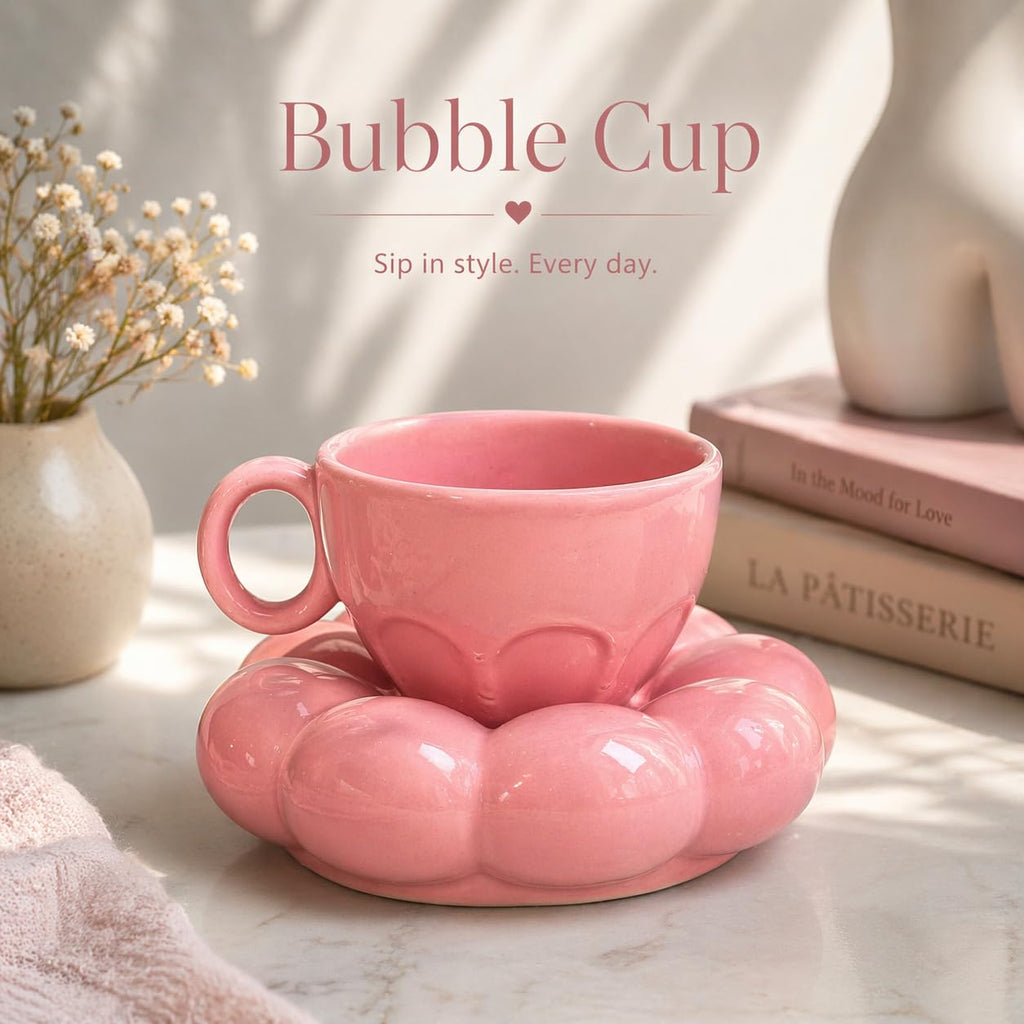 Ceramic Bubble Cup and Saucer Set, Pink, Glossy Finish, Aesthetic Coffee and Tea Cup