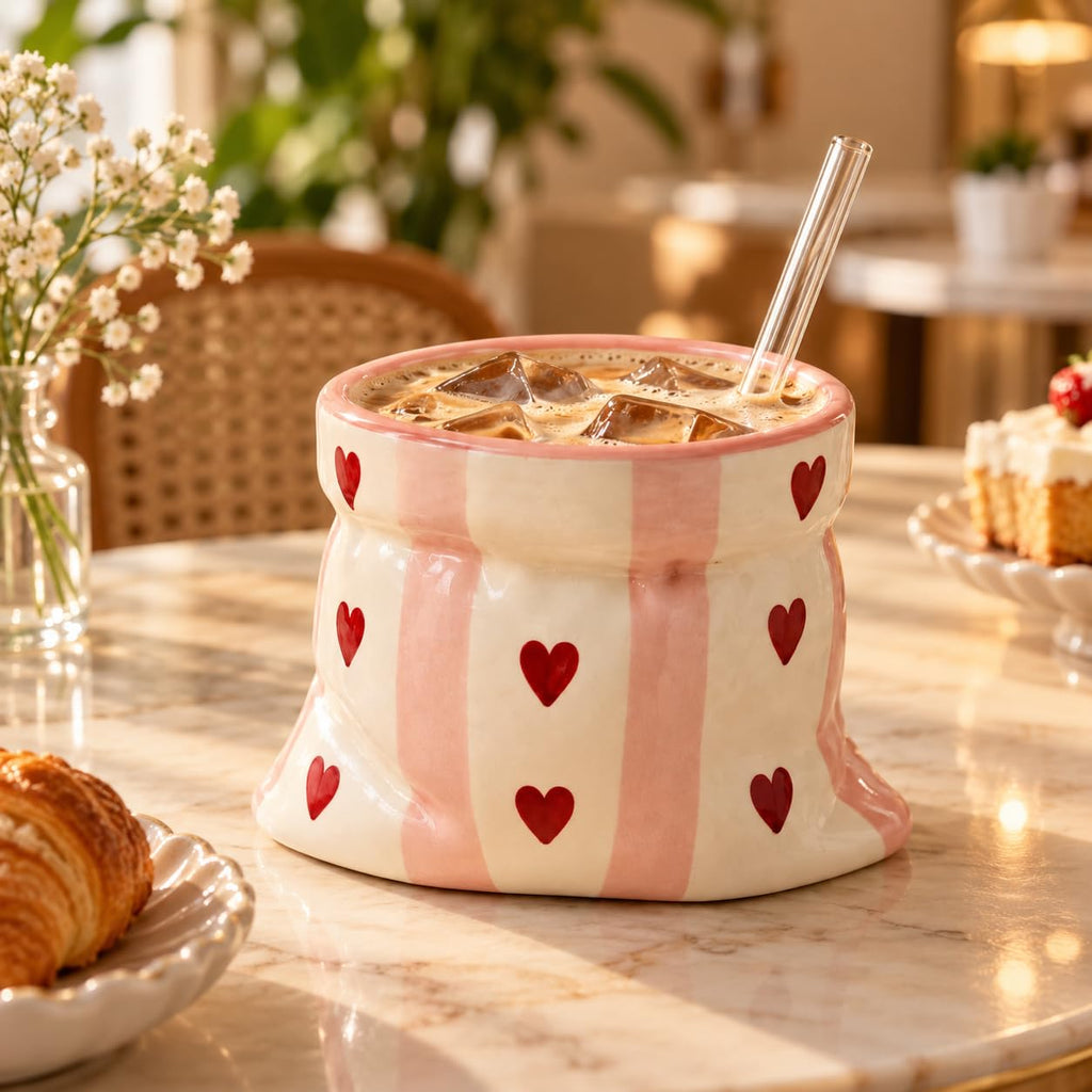 Ceramic Coffee Mug with Pink Stripes and Red Heart Print in Potli Design