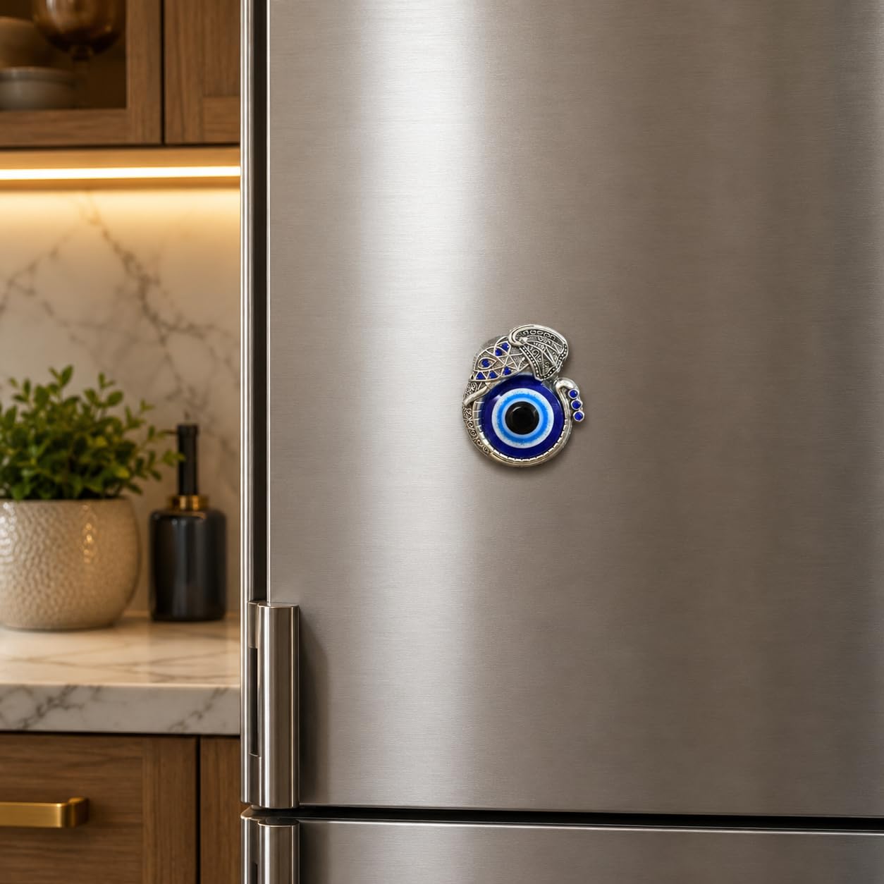 Evil Eye Fridge Magnet, Blue Glass Nazar Bead, Silver Filigree Metal Frame with Crystal Accents, Decorative Protection Charm