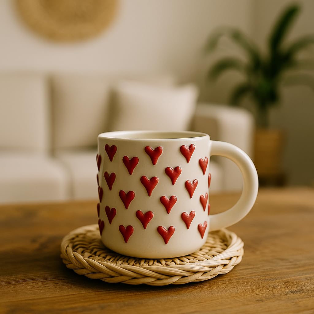 Ceramic Coffee Mug with Red Heart Pattern, White, Decorative Design, Home, Office, Cafe Decor