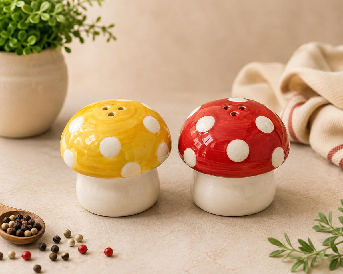 Ceramic Salt and Pepper Shaker Set - Cute Trendy Designs - Mushroom, Onion Garlic, Watermelon and Leaf Design (Dice)