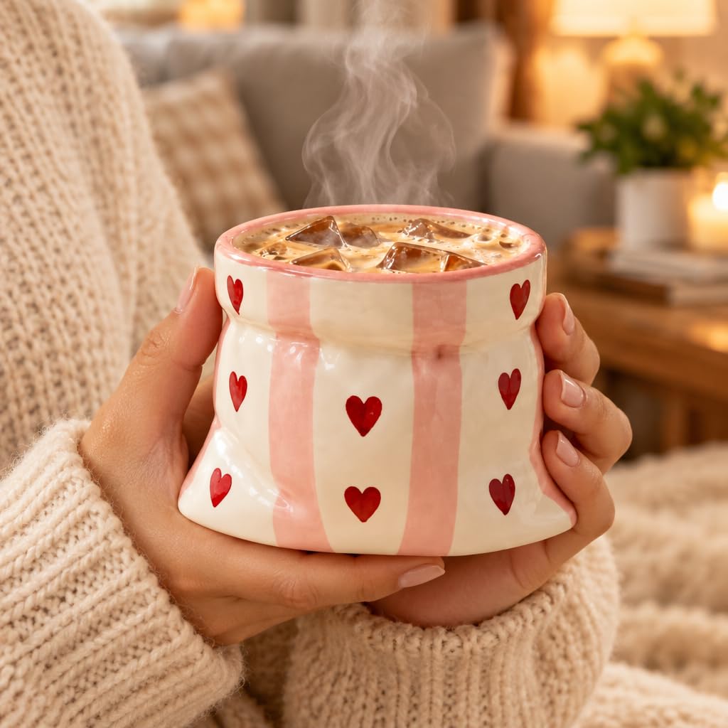 Ceramic Coffee Mug with Pink Stripes and Red Heart Print in Potli Design – view 4