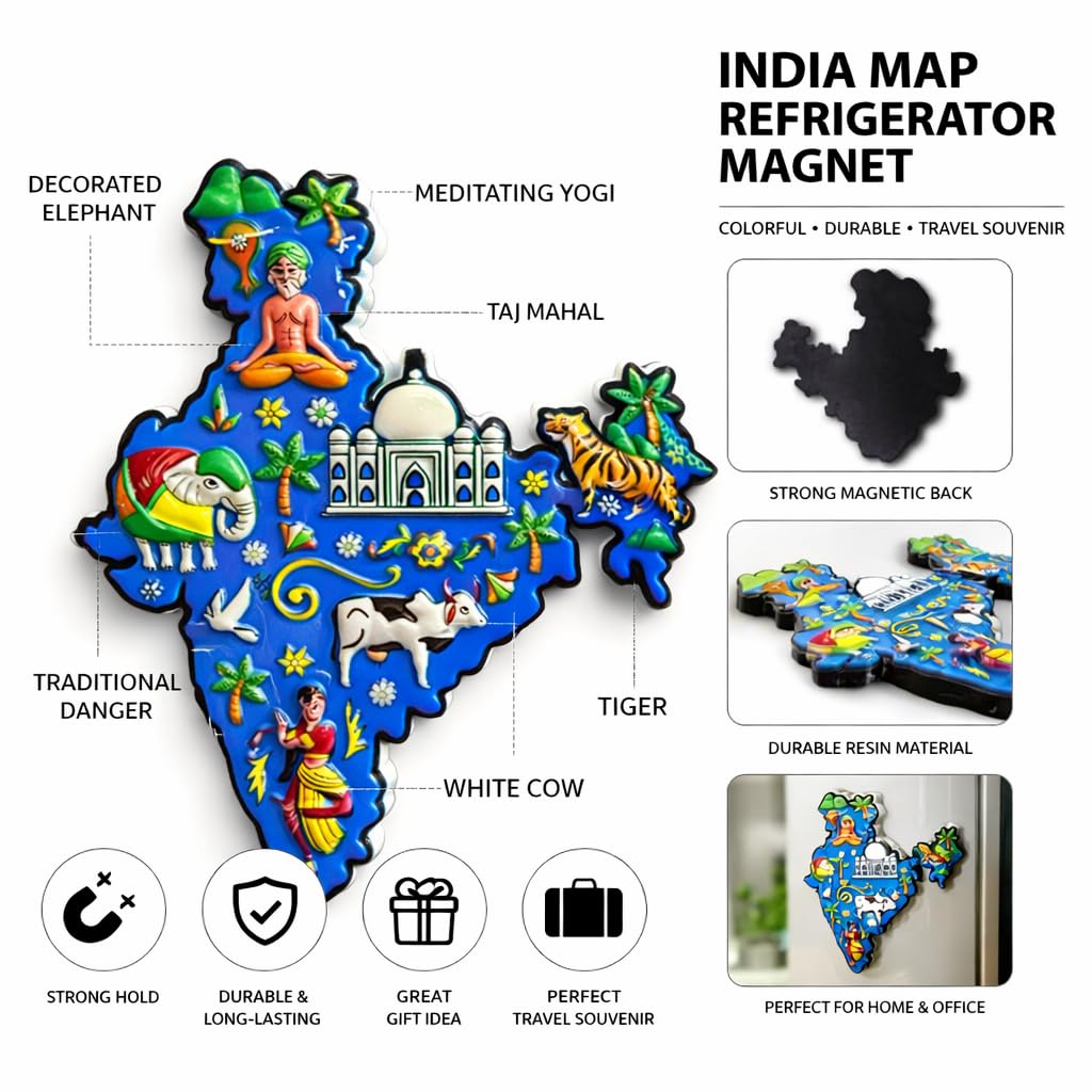 India Map Shape Fridge Magnet, Colourful 3D Cultural Souvenir with Taj Mahal, Delhi, Jaipur, Mumbai Icons (Blue)