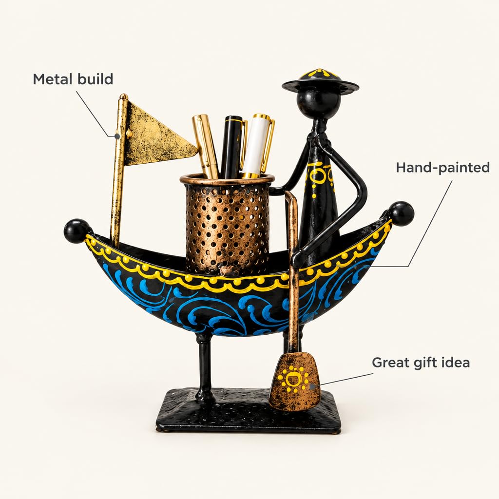 Handpainted Metal Boat Pen Holder with Boatman Figurine – view 6