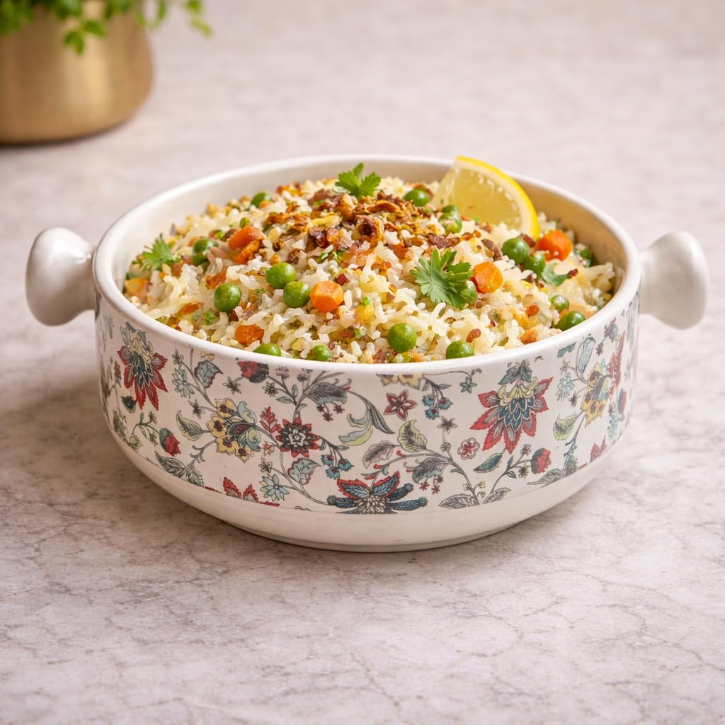 Ceramic Serving Bowl with Handles, Floral Pattern, Kitchen Utensils (Floral Blue)