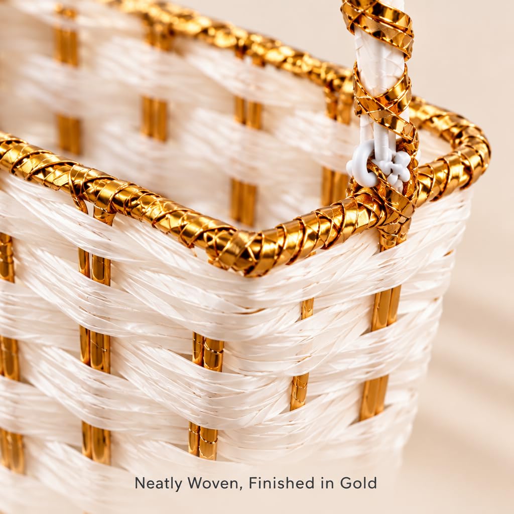 White & Gold Woven Basket for Pooja with Sturdy Carry Handle – view 5