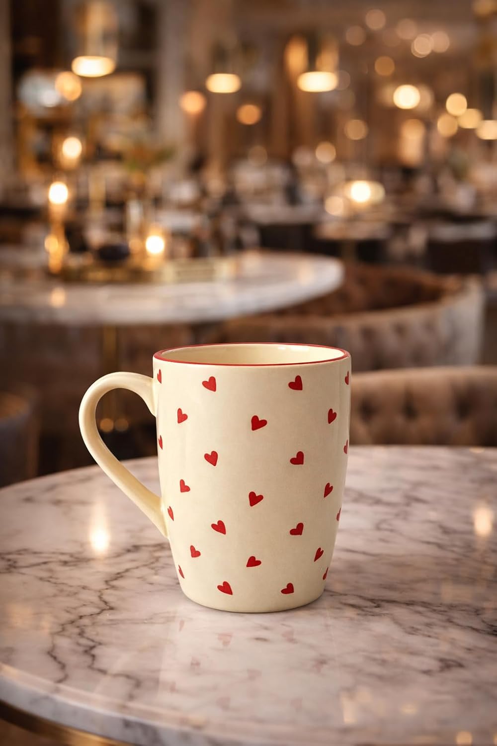 Manifested Decor Ceramic Coffee Mug with Red Heart Pattern, Cream White with Red Rim, Valentine's Day Theme