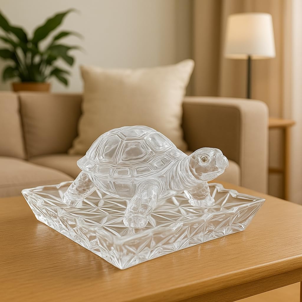 Manifested Decor Vastu Feng Shui Crystal Turtle Tortoise with Plate for Good Luck Feng Shui Tortoise Turtle for Peace & Prosperity (Round Tray)