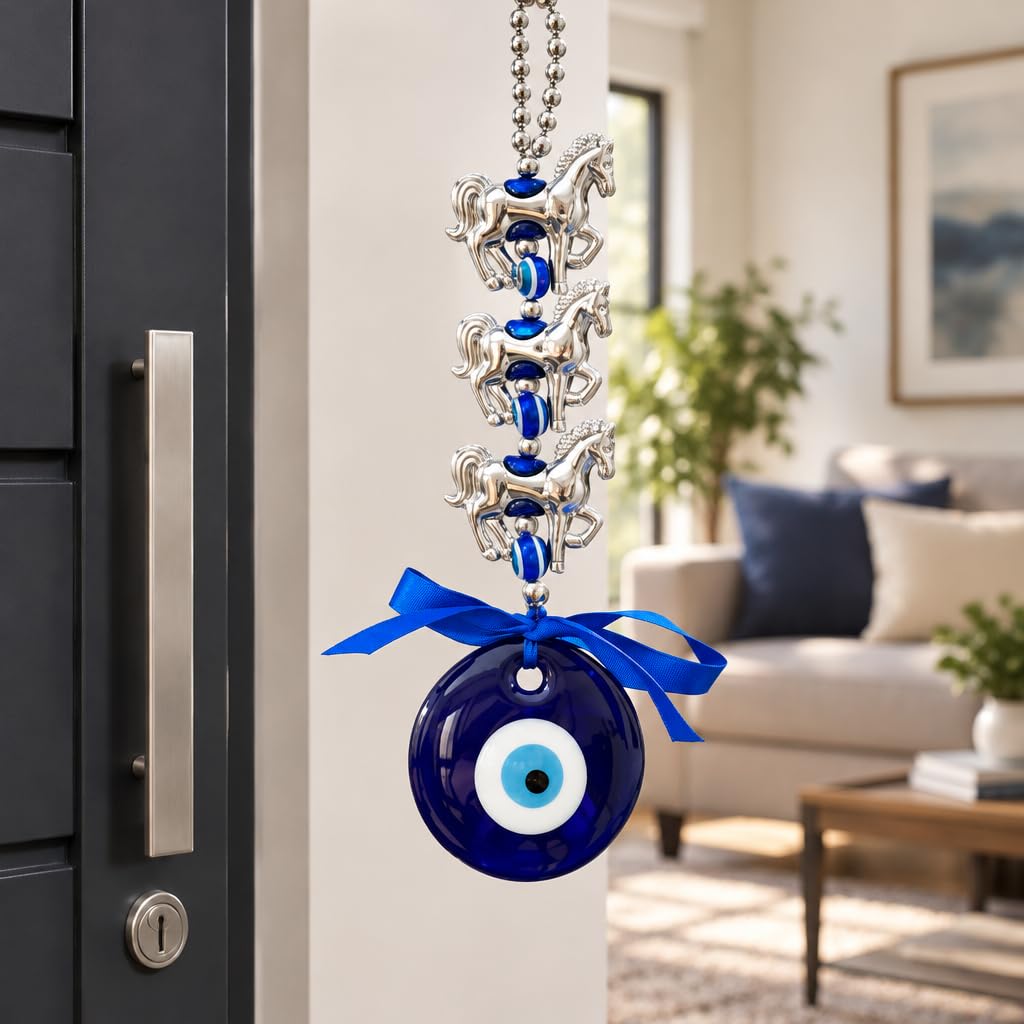 Evil Eye Wall Hanging with Silver Horses and Blue Glass Charm – view 5