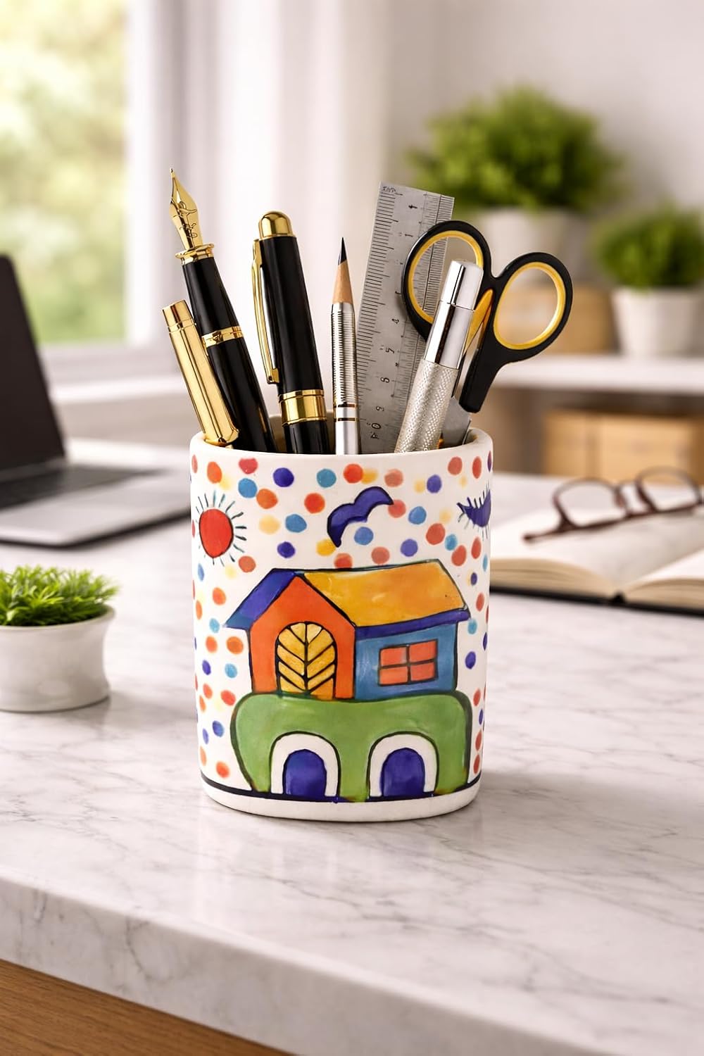 Ceramic Pen and Pencil Holder, Colourful Hand-Painted House Design, Desk Organiser for Home and Office