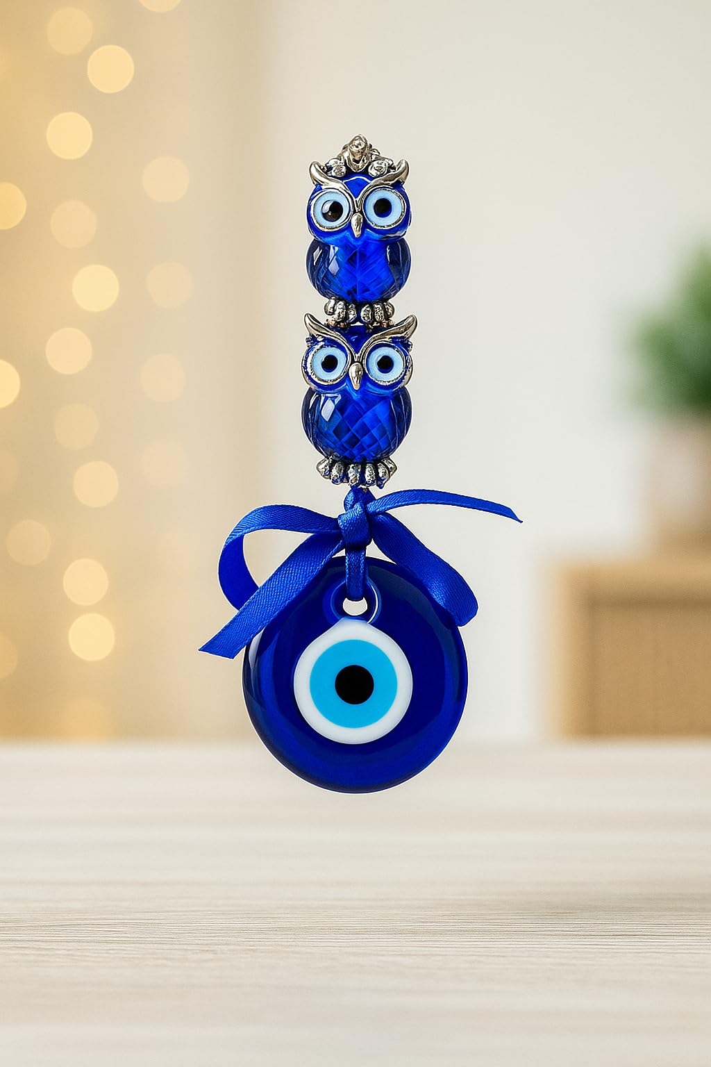 Evil Eye Elephant Wall Hanging, Blue Glass Bead with Silver Elephants, Traditional Good Luck Charm