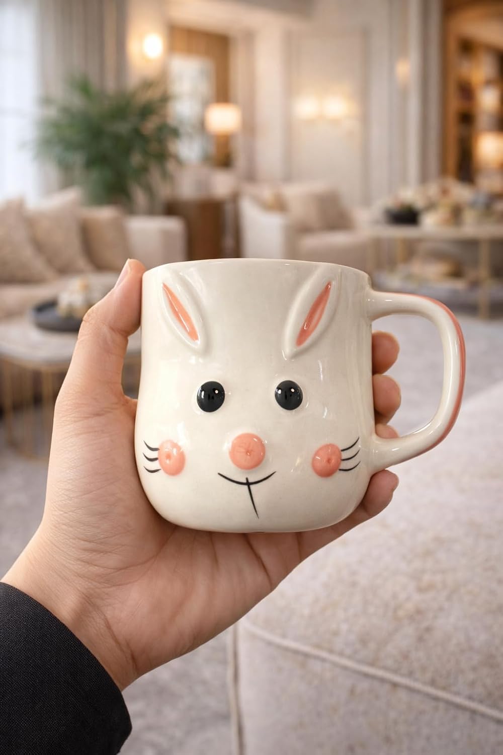 Ceramic Bunny Mug, White with Pink Accents, 3D Rabbit Face Design, Cute Animal Theme