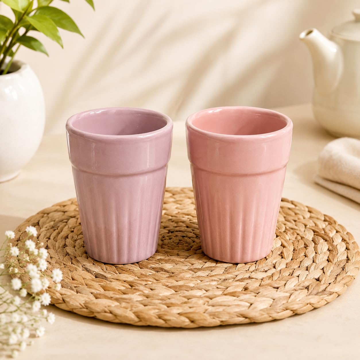 Ceramic Tea Cups, Pink and Lavender, Set of 2 | Ribbed Design