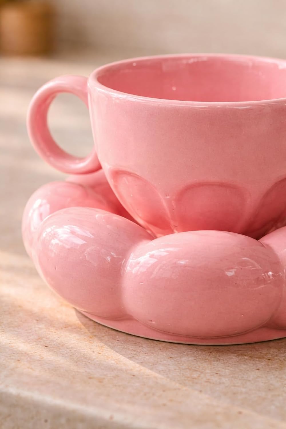 Ceramic Bubble Cup and Saucer Set, Pink, Glossy Finish, Aesthetic Coffee and Tea Cup