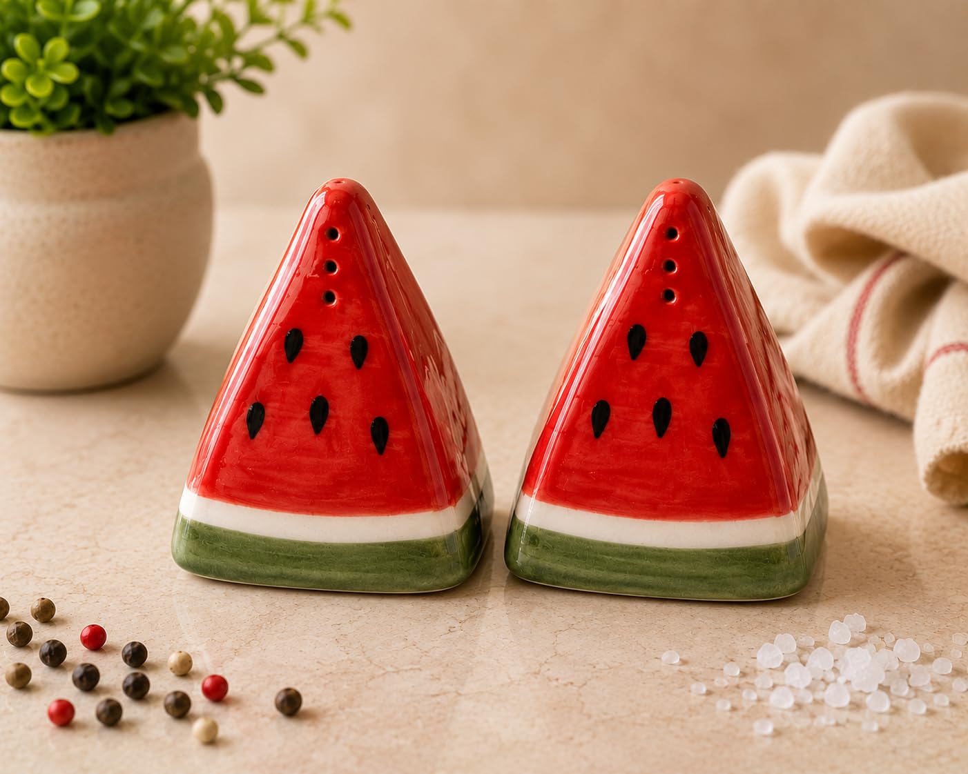 Ceramic Salt and Pepper Shaker Set - Cute Trendy Designs - Mushroom, Onion Garlic, Watermelon and Leaf Design (Leaf Set)