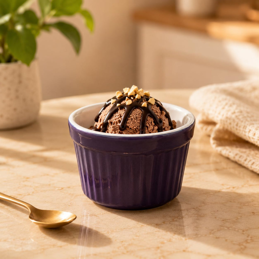 Ceramic Ramekin Bowls for Ice Cream and Desserts, Purple, Set of 2 | Ribbed Design, Oven Safe, Multipurpose Use, White Interior, Sturdy Build