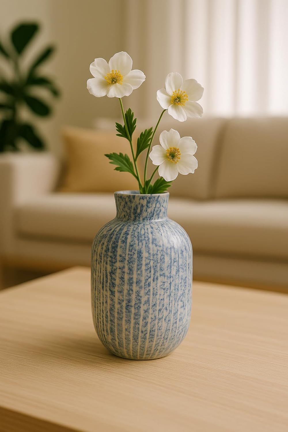 Round Decorative Ceramic Vase, Blue and White Marbled Pattern, Modern Home Decor, Office, Centerpiece, Living Room, Wedding Decor