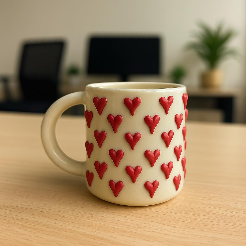 Ceramic Coffee Mug with Red Heart Pattern, White, Decorative Design, Home, Office, Cafe Decor