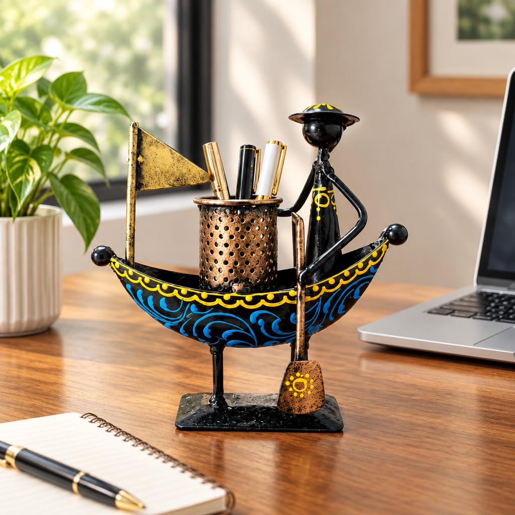 Handpainted Metal Boat Pen Holder with Boatman Figurine – view 3