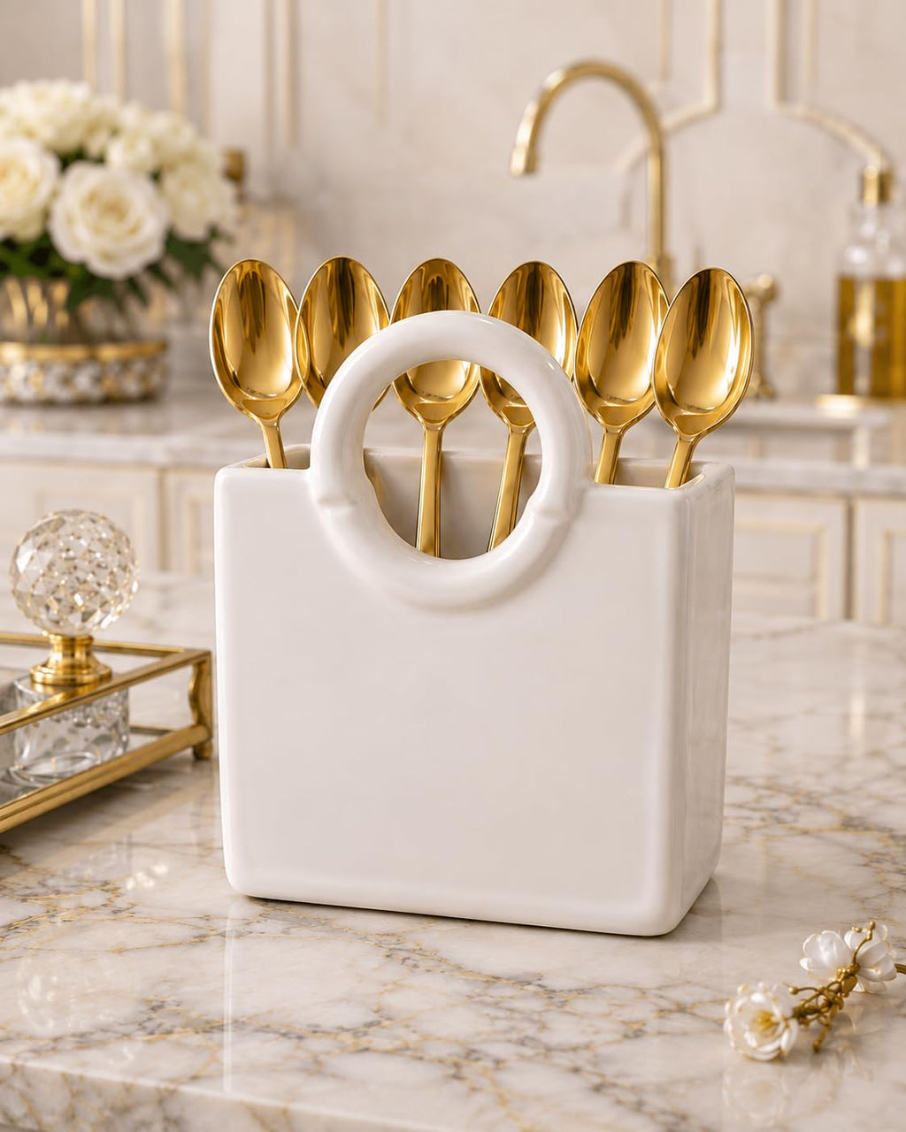 Gold Stainless Steel Cutlery Spoons, Forks - Set of 6, Mirror Finish (Gold Spoon Set of 6)