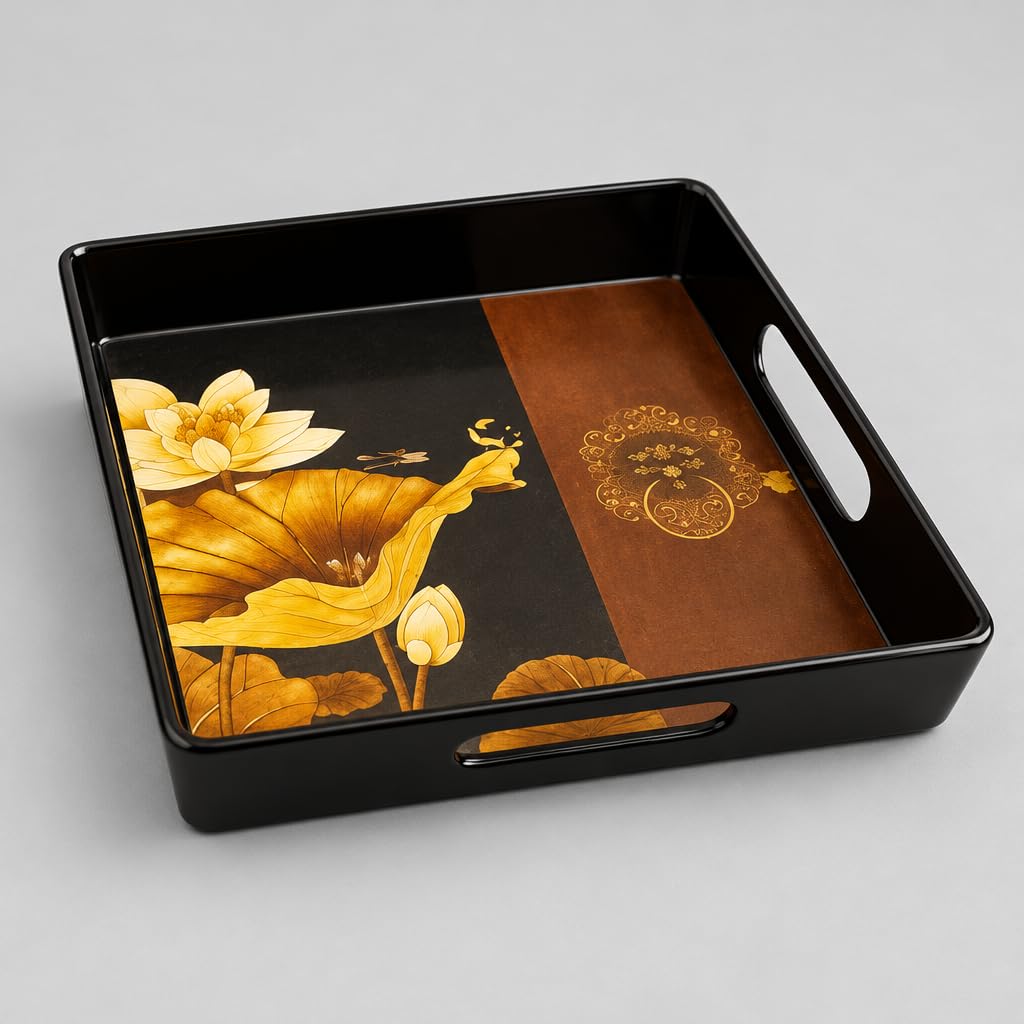 Decorative Serving Tray with Vintage Floral Tile Design (Black) – view 3