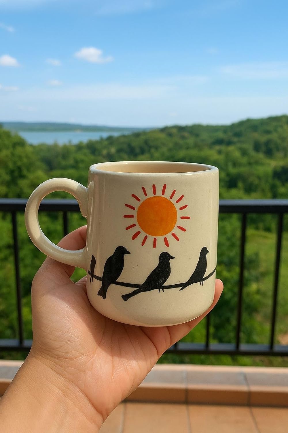 Ceramic Coffee Mug with Birds and Sun Design – view 2