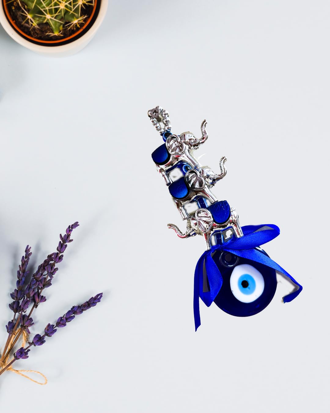 Evil Eye Elephant Wall Hanging, Blue Glass Bead with Silver Elephants, Traditional Good Luck Charm