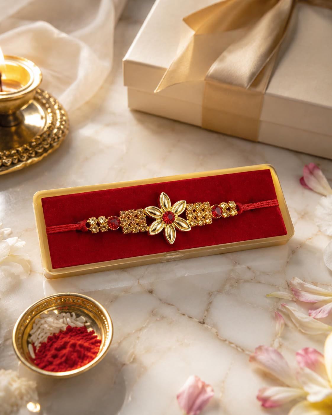 Designer Rakhi with Gold Floral Motif, Red Crystal Embellishments, Velvet Box, Rakshabandhan Gift