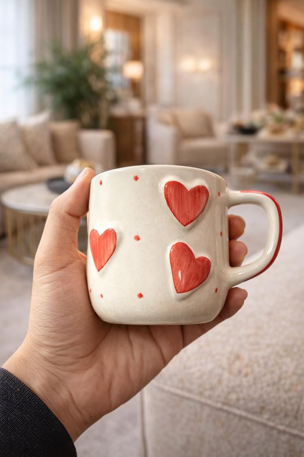 Ceramic Coffee Mug with Red Hearts, White, Hand-Painted Design, Valentine's Day Theme