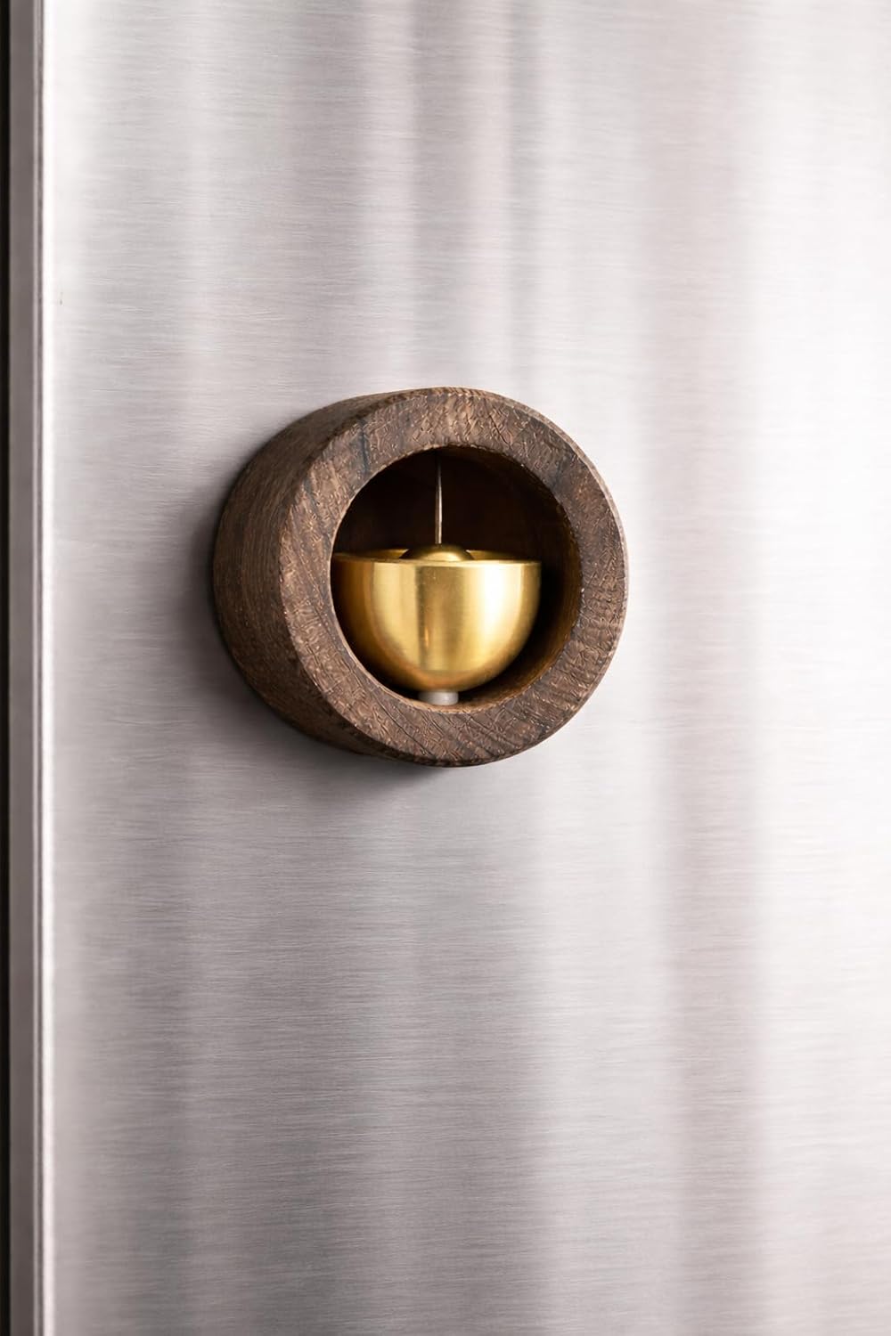 Wooden Round Magnetic Fridge Magnet with Gold Brass Bell, Rustic Brown, for Refrigerator Door