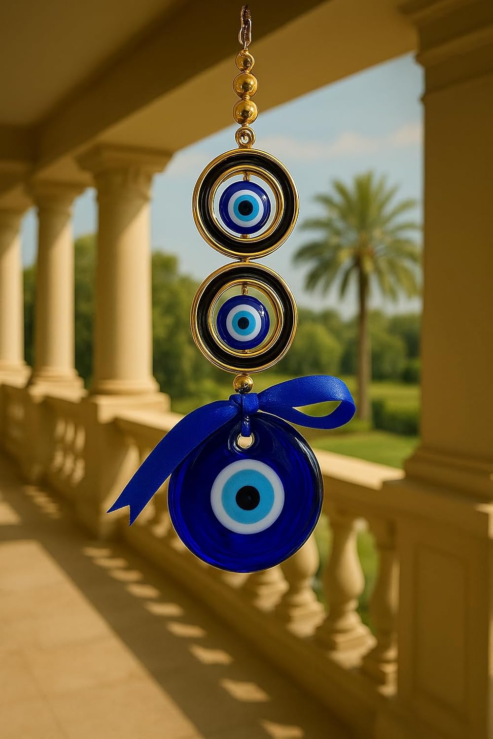 Evil Eye Wall Hanging Ornament, Gold and Blue Glass, 3-Piece Traditional Design with Ribbon
