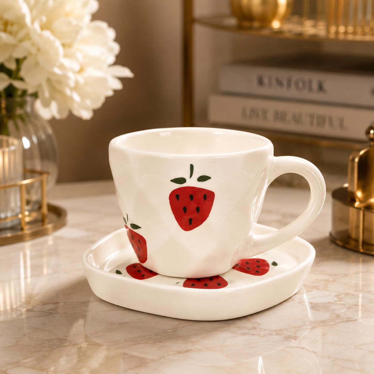 Ceramic Cup and Saucer Set with Print, White | CHARMING FRUIT DESIGN