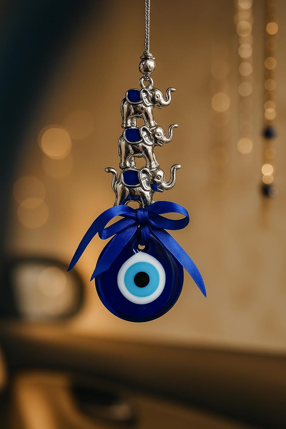 Evil Eye Elephant Wall Hanging, Blue Glass Bead with Silver Elephants, Traditional Good Luck Charm