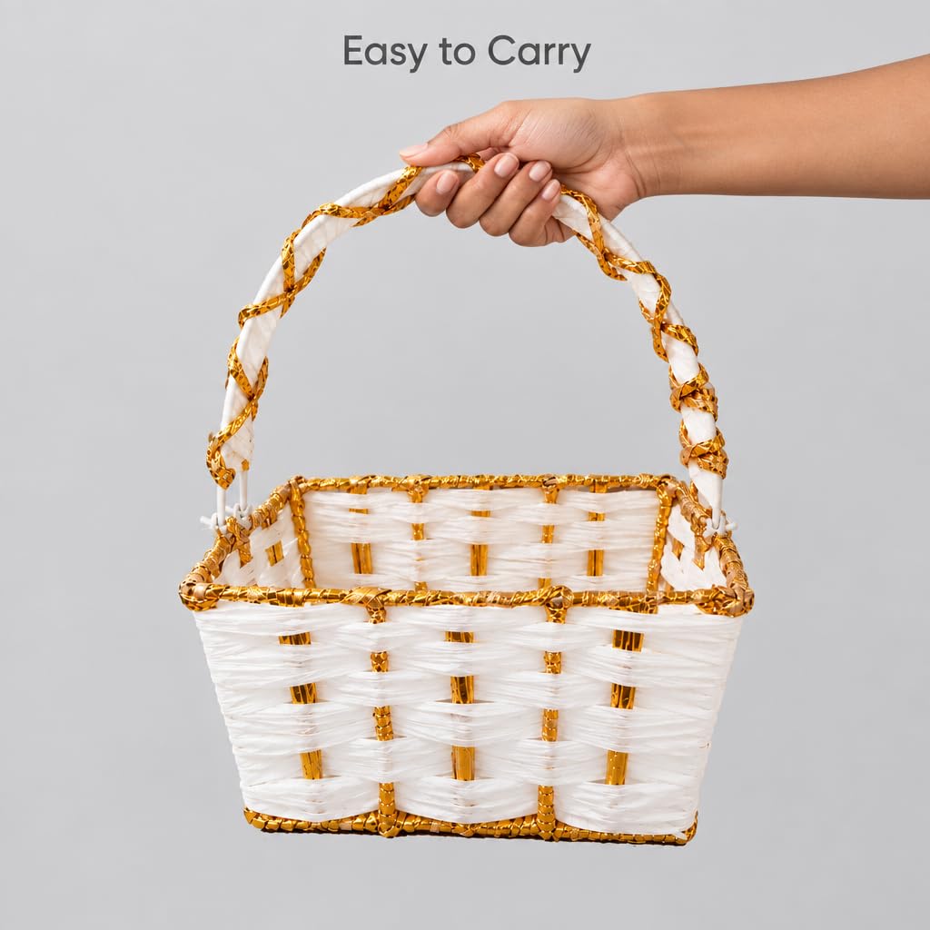 White & Gold Woven Basket for Pooja with Sturdy Carry Handle – view 3