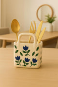 Mini Ceramic Cutlery Holder with Floral Design, Kitchen Organizer, Blue Flower Pattern