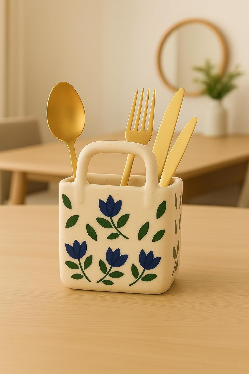 Mini Ceramic Cutlery Holder with Floral Design, Kitchen Organizer, Blue Flower Pattern