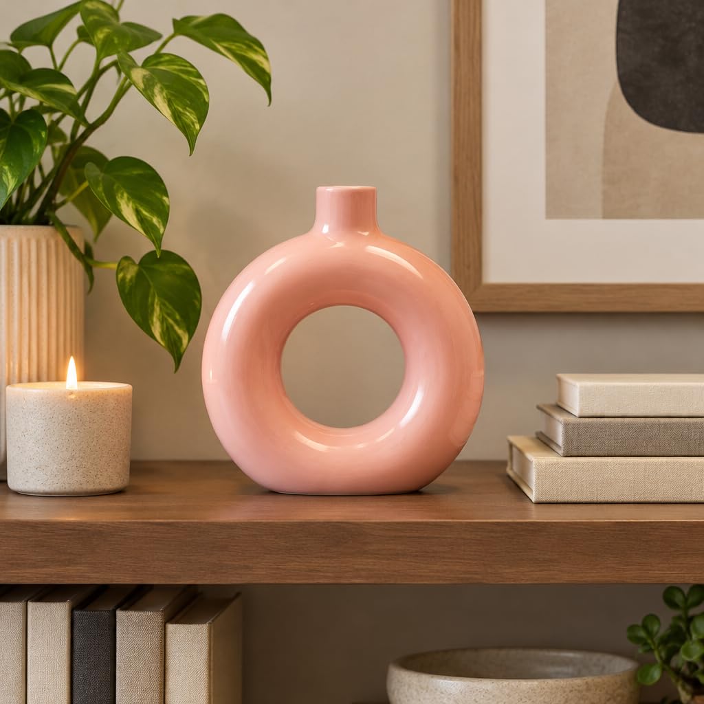 Modern Donut-Shaped Ceramic Vase, Pink – view 4