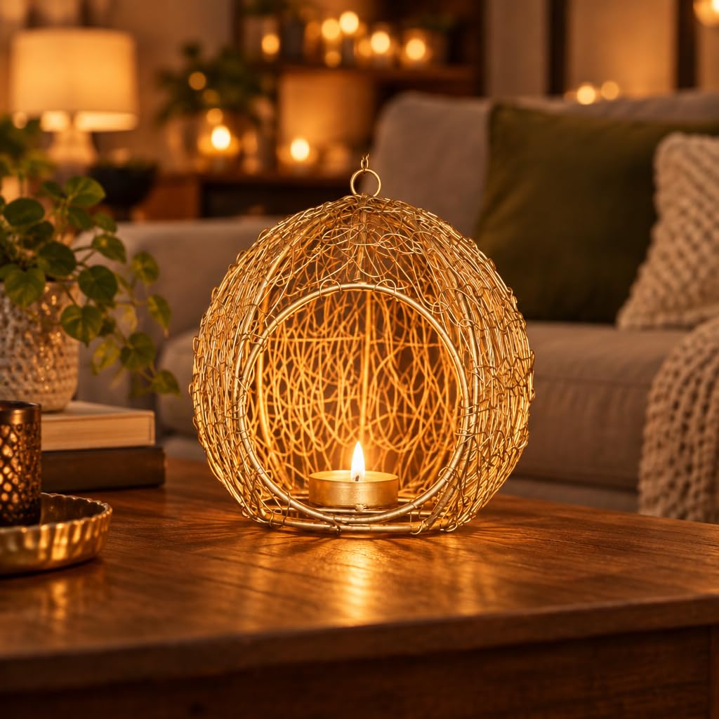 Gold Wire Mesh Ball Hanging Tealight Candle Holder Lantern – view 2