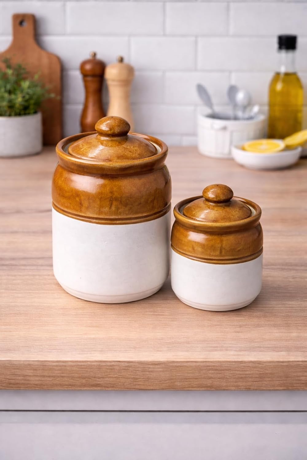 Ceramic Storage Jars with Lids, Two-Tone Brown and White, Set of 2, Kitchen Canister, 1 small, 1 big jar
