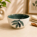Ceramic Serving Bowl with Hand-Painted Leaf Design, Teal | Glazed Interior, Botanical Motif, Artisan Crafted, Dining & Serveware, White & Green