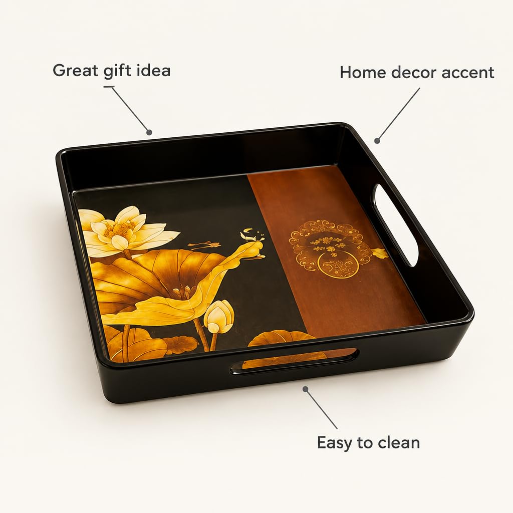 Decorative Serving Tray with Vintage Floral Tile Design (Black) – view 5