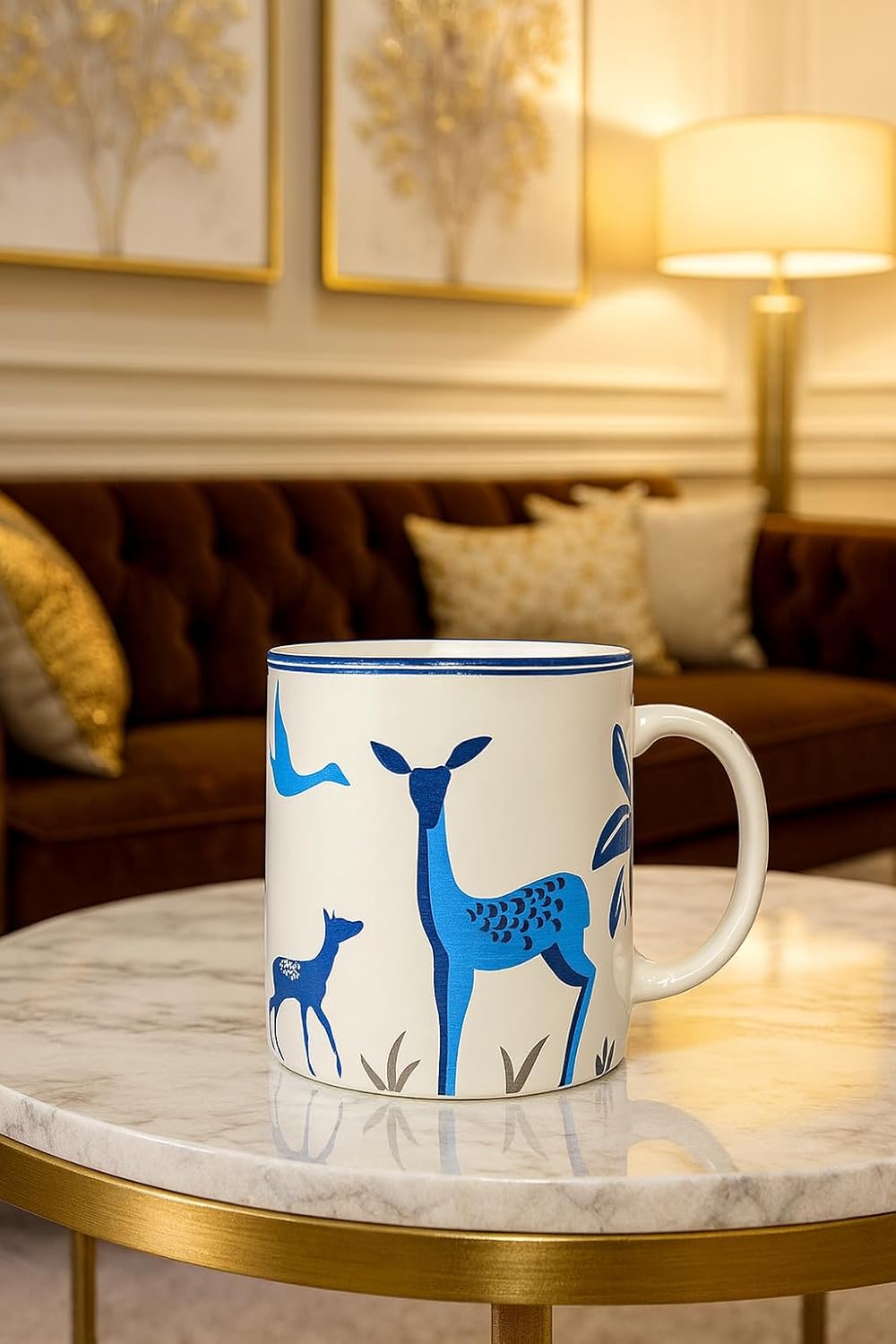 Ceramic Coffee Mug with Blue Deer Design, White with Blue Rim, Animal Theme