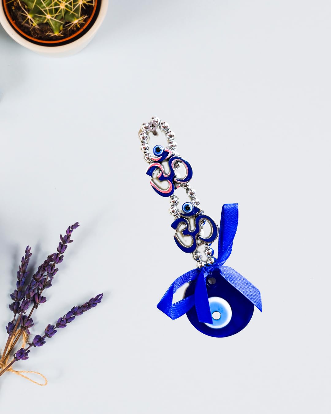 Decorative Om Evil Eye Wall Hanging with Blue Ribbon and Crystal Accents