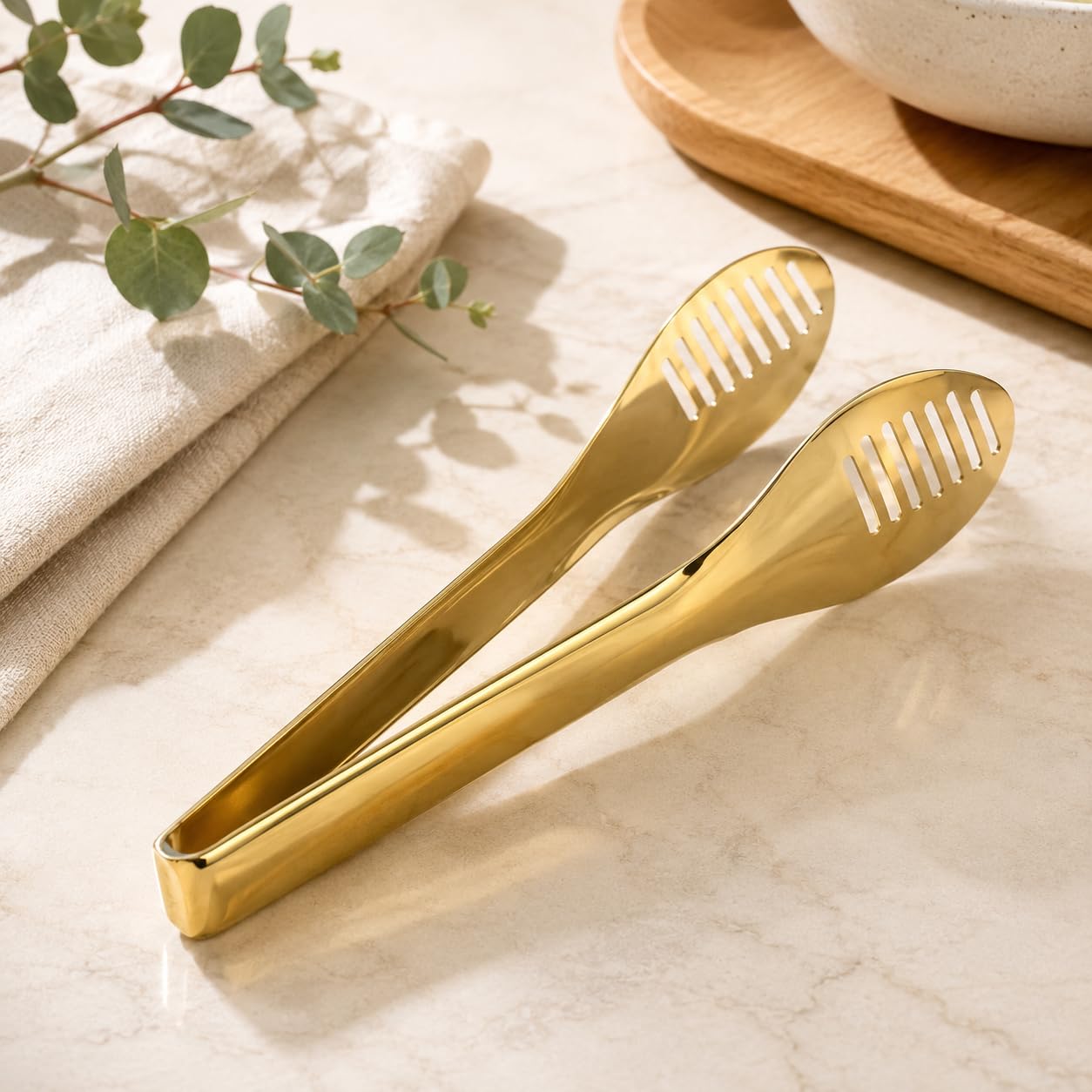 Gold Stainless Steel Serving Tongs with Slotted Heads | Ice & Food Serving, Polished Finish
