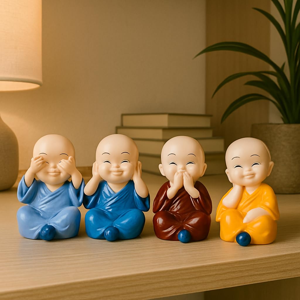 Manifested Decor - Colorful 4 Monks Buddha Figurines for Home Decor, Office, Car Dashboard, Car Accessories, Christmas, Diwali, Vaastu, Fengshui