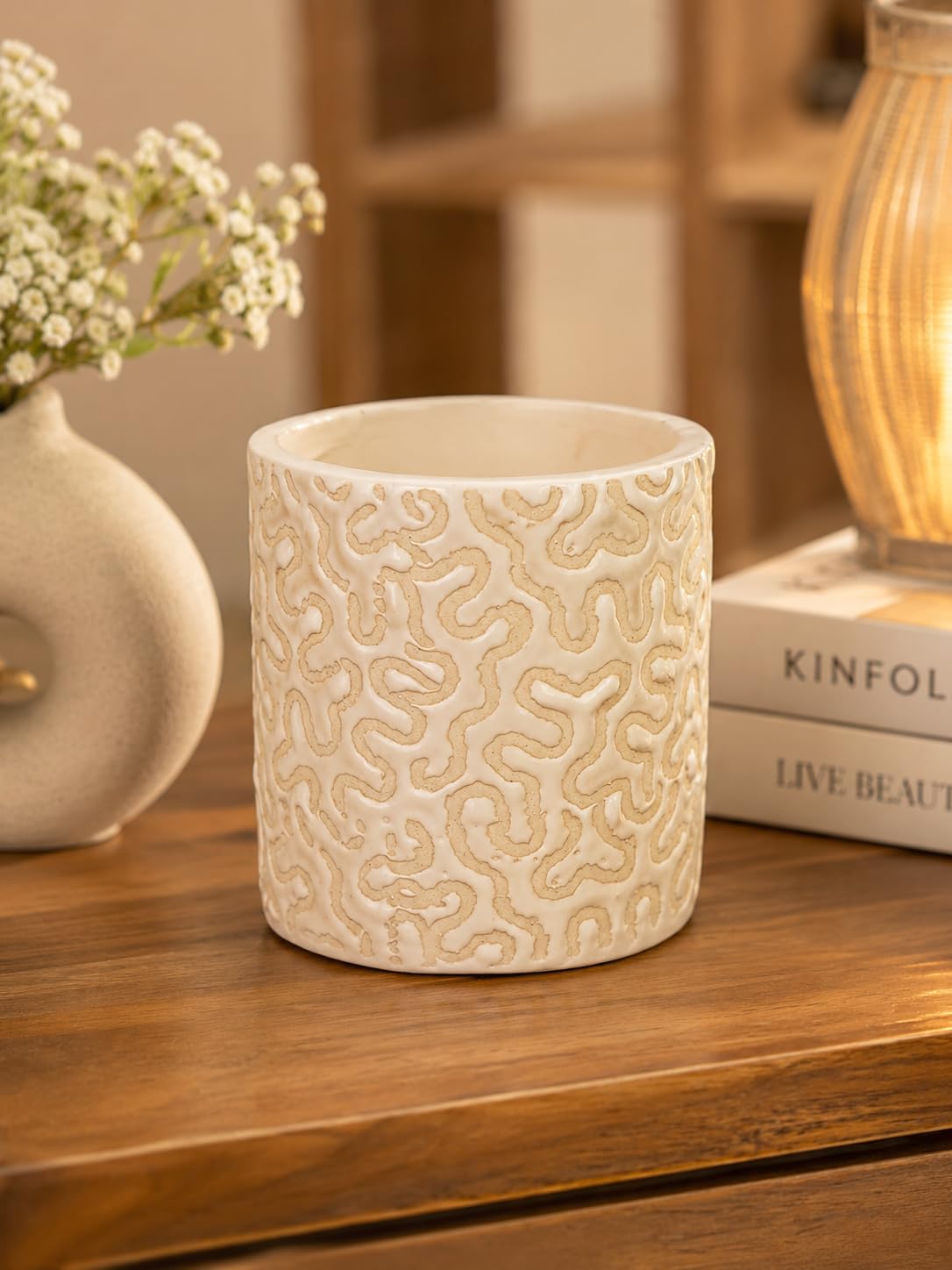 Ceramic Planter Pot, White with Embossed Wavy Pattern | Cylindrical Shape, Glazed Finish, Indoor Plant Pot, Textured Surface, Home Decor