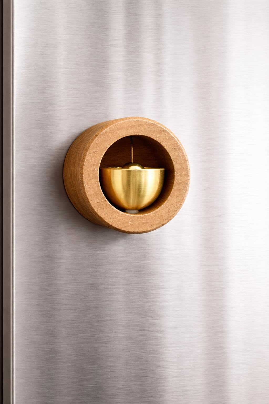 Wooden Round Magnetic Fridge Magnet with Gold Brass Bell, Rustic Brown, for Refrigerator Door