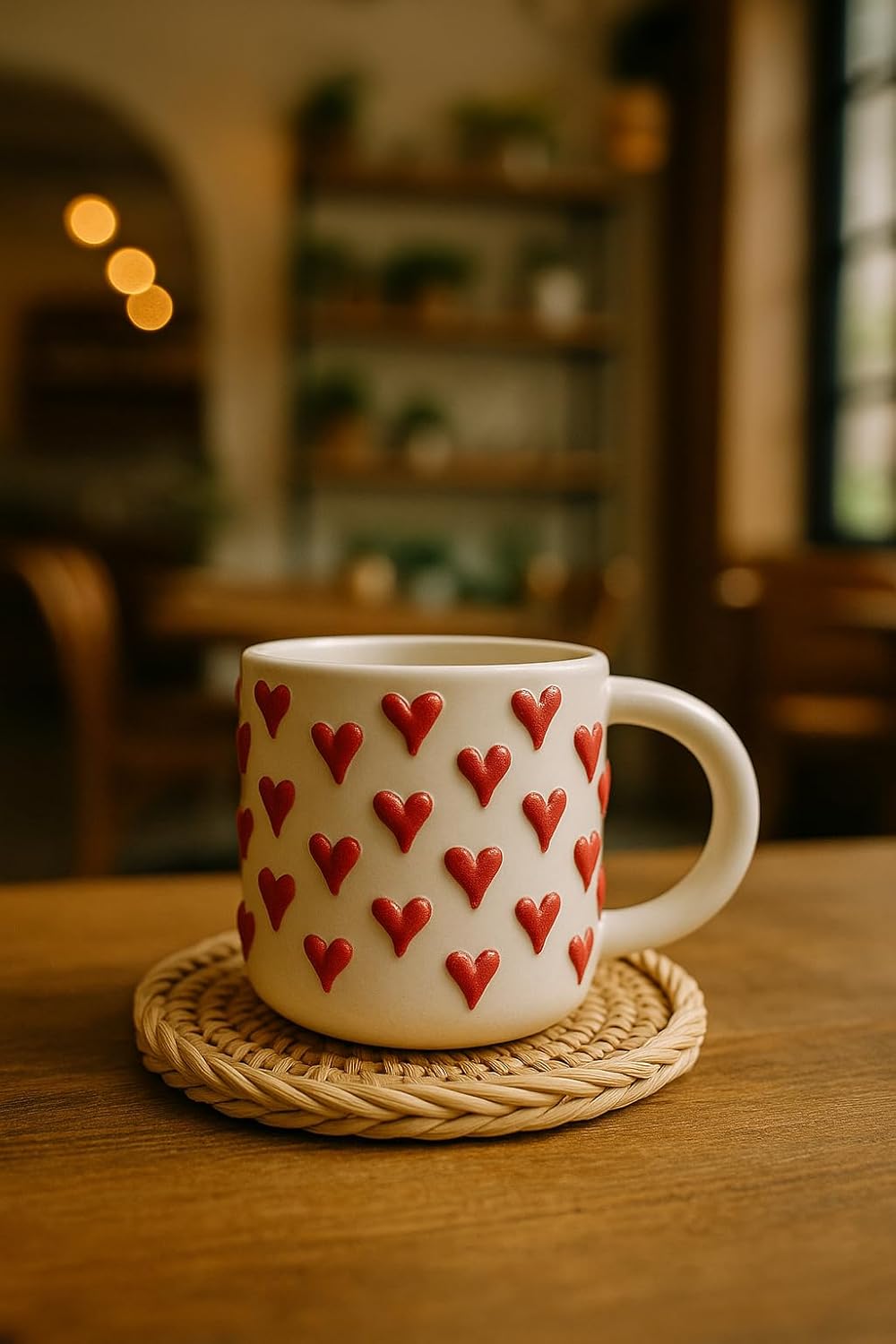 Ceramic Coffee Mug with Red Heart Pattern, White, Decorative Design, Home, Office, Cafe Decor