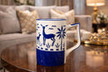 Ceramic Coffee Mug, Blue and White, Deer and Palm Tree Design, Hand Painted Style